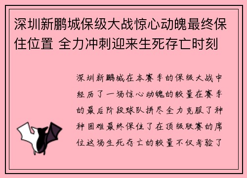 深圳新鹏城保级大战惊心动魄最终保住位置 全力冲刺迎来生死存亡时刻 深圳新鹏城保级大战惊心动魄最终保住位置 全力冲刺迎来生死存亡时刻